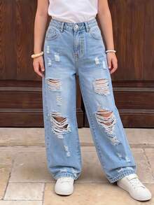 Tween Girls Baggy Ripped Jeans,Aqua Blue Distressed Wide Leg Denim Pants,Elastic Waistband Slim Fit Retro Streetwear Summer School Back-To-School - Light Wash - View 2