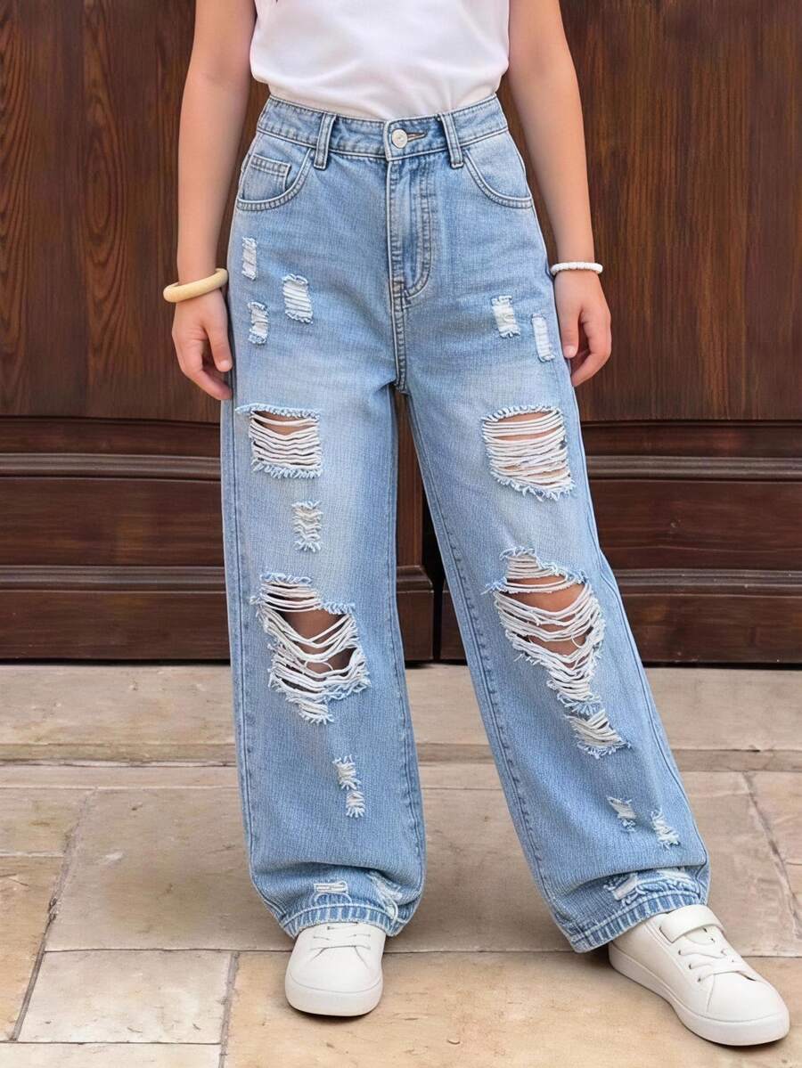 Tween Girls Baggy Ripped Jeans,Aqua Blue Distressed Wide Leg Denim Pants,Elastic Waistband Slim Fit Retro Streetwear Summer School Back-To-School