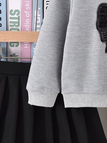 Autumn Back-To-School Career Day Girls Gray Shiny Beaded Bow Collar Long Sleeve Sweatshirt+Black Pleated Skirt Set,Collegiate Style Collegiate Suit - Multicolor - View 5