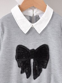 Autumn Back-To-School Career Day Girls Gray Shiny Beaded Bow Collar Long Sleeve Sweatshirt+Black Pleated Skirt Set,Collegiate Style Collegiate Suit - Multicolor - View 4