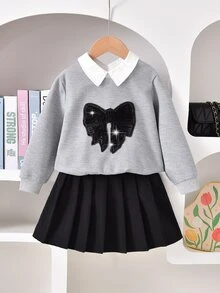Autumn Back-To-School Career Day Girls Gray Shiny Beaded Bow Collar Long Sleeve Sweatshirt+Black Pleated Skirt Set,Collegiate Style Collegiate Suit - Multicolor - View 3