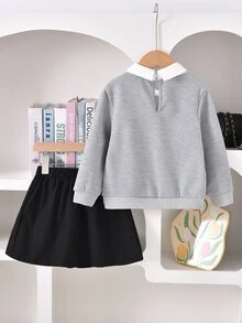 Autumn Back-To-School Career Day Girls Gray Shiny Beaded Bow Collar Long Sleeve Sweatshirt+Black Pleated Skirt Set,Collegiate Style Collegiate Suit - Multicolor - View 2