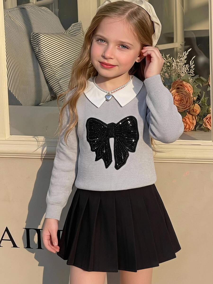 Autumn Back-To-School Career Day Girls Gray Shiny Beaded Bow Collar Long Sleeve Sweatshirt+Black Pleated Skirt Set,Collegiate Style Collegiate Suit - Multicolor - View 1