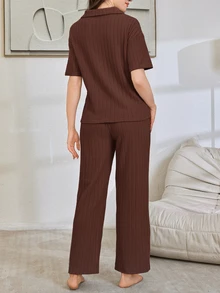 SHEIN 女士休闲罗纹翻领上衣和裤子睡衣套装 - 棕色 - 查看 2