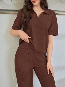SHEIN 女士休闲罗纹翻领上衣和裤子睡衣套装 - 棕色 - 查看 4