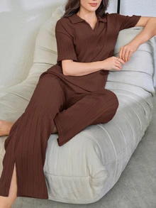 SHEIN 女士休闲罗纹翻领上衣和裤子睡衣套装 - 棕色 - 查看 5