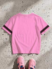 THE POWERPUFF GIRLS X SHEIN GraphicGems 少女心卡通配色拼接短袖柔軟百搭休閒夏季T恤 - 粉色 - 查看 3