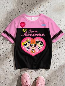 THE POWERPUFF GIRLS X SHEIN GraphicGems 少女心卡通配色拼接短袖柔軟百搭休閒夏季T恤 - 粉色 - 查看 4