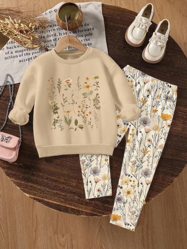 SHEIN 2pcs/Set Young Girls Floral Print Knit Sweatshirt Leggings, Cute Sweet Round Neck Long Sleeve Outfit For Autumn, Back-To-School 7th Birthday - Multicolor - View 2