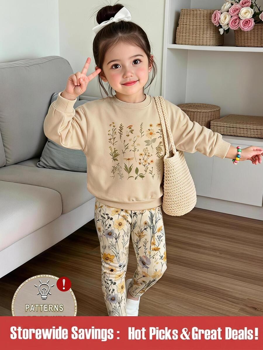 SHEIN 两件套可爱甜美少女休闲碎花针织柔软圆领长袖卫衣和打底裤套装,适合秋冬季节,舒适时尚的休闲装扮,非常适合返校、户外野餐、街头摄影、居家、校园、假期等场合,也是送给女孩的春秋套装,儿童卫衣套装,冬季少女套装 - 彩色 - 查看 1