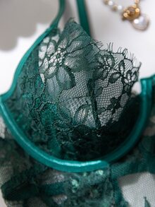 Crystal Vow 2pcs/Set Lace Underwire Sheer Sexy Nightgown - Dark Green - View 6