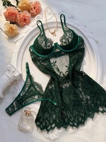 Crystal Vow 2pcs/Set Lace Underwire Sheer Sexy Nightgown - Dark Green - View 1