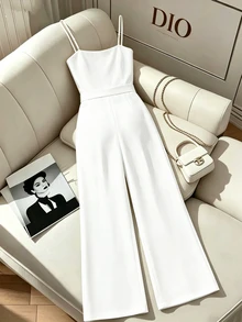 GlowEve CURVE Damen Große Größen einfarbig plissiert weites Bein eleganter Cami Jumpsuit Hochzeit Party Abend All White Sommer - Weiss - Übersicht 2