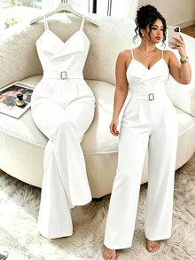 GlowEve CURVE Damen Große Größen einfarbig plissiert weites Bein eleganter Cami Jumpsuit Hochzeit Party Abend All White Sommer - Weiss - Übersicht 4