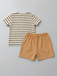2pcs Boys Spring/Summer Striped Textured Short Sleeve Shirt & Shorts Set, Family Gathering, Beach Vacation - Multicolor - View 2