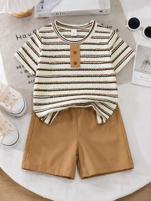 2pcs Boys Spring/Summer Striped Textured Short Sleeve Shirt & Shorts Set, Family Gathering, Beach Vacation - Multicolor - View 7
