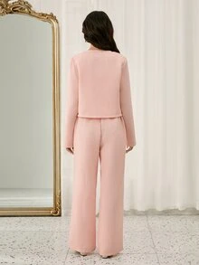 青少年女孩抓絨秋季套裝 優雅時尚圓領標準肩長袖短版修身粗花呢面料 3D珍珠裝飾... - 粉色 - 查看 3