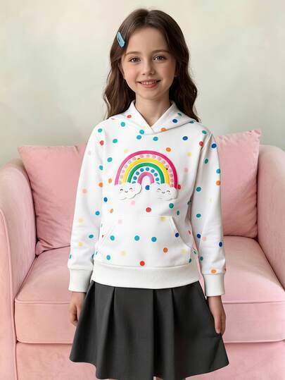 Elladie kids Girls'White Princess Rainbow Cloud Polka Dot Print Hooded Long Sleeve Sweatshirt,Autumn School 7th Birthday Casual Sports Wear With Drawstring Hem