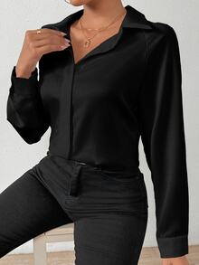 SHEIN 女式纯色缎面简约不对称下摆衬衫 - 黑色 - 查看 5