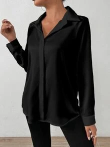 SHEIN 女式纯色缎面简约不对称下摆衬衫 - 黑色 - 查看 6