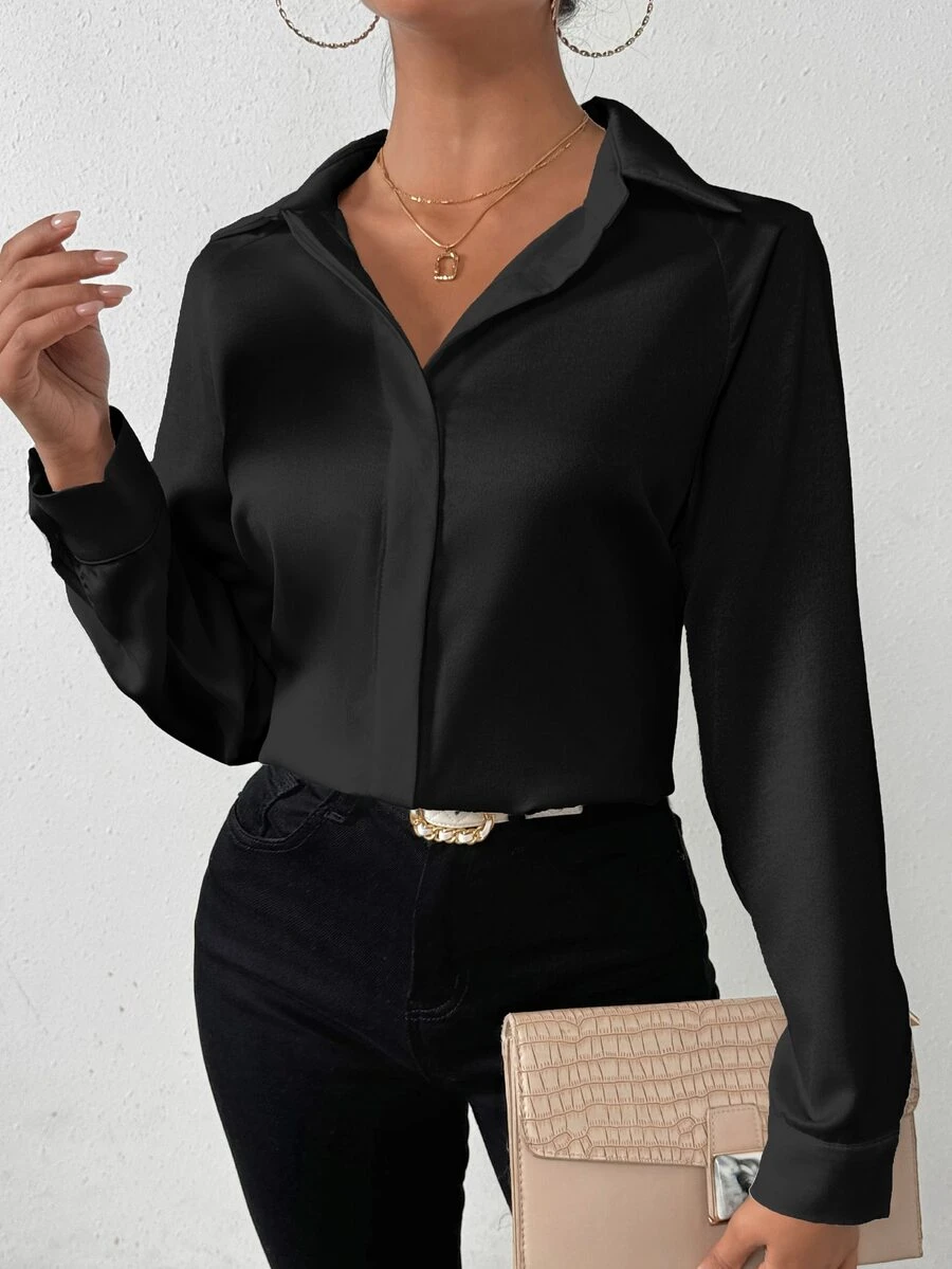 SHEIN Women's Solid Color Satin Simple Shirt With Asymmetric Hem Fall Cloth For Women - Black - View 1