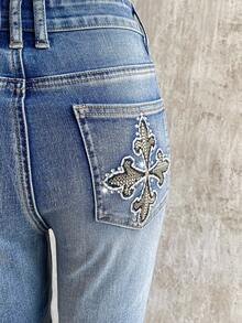 Attitoon Women's Casual Washed Cross Embroidery Flare Jeans,Graphic Jeans For Women,Low Rise Jeans,Grunge Jeans,Y2k Jeans,Streetwear, Fall, Rhinestone Jeans - Light Wash - View 5