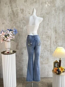 Attitoon Women's Casual Washed Cross Embroidery Flare Jeans,Graphic Jeans For Women,Low Rise Jeans,Grunge Jeans,Y2k Jeans,Streetwear, Fall, Rhinestone Jeans - Light Wash - View 3