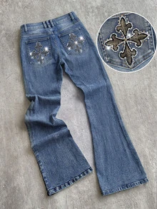 Attitoon Women's Casual Washed Cross Embroidery Flare Jeans,Graphic Jeans For Women,Low Rise Jeans,Grunge Jeans,Y2k Jeans,Streetwear, Fall, Rhinestone Jeans - Light Wash - View 1
