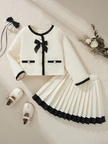 SHEIN X GALILEA Souflis 秋冬季少女时尚优雅粗花呢外套和裙子两件套，长袖蝴蝶结装饰纽扣外套和短款百褶裙 - 白色 - 查看 5