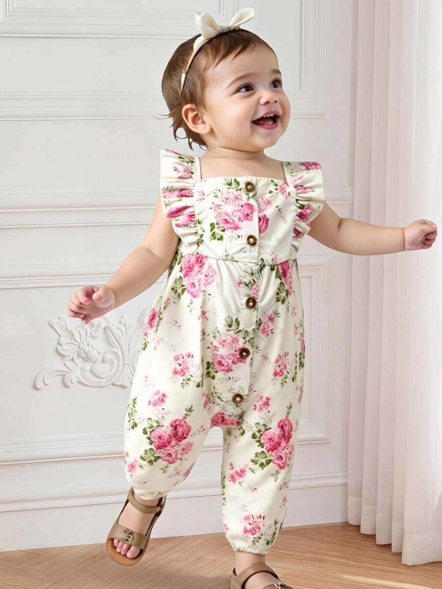 SHEIN Playful Pals Floral Print Ruffled Collar Sleeveless Jumpsuit For Baby Girls Baby, Suitable For Spring/Summer Outings, Vacation And Daily Wear Autumn Fall - Apricot - View 1