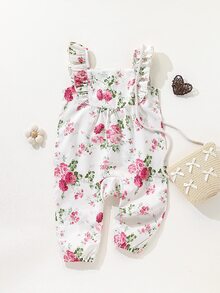 SHEIN Playful Pals Floral Print Ruffled Collar Sleeveless Jumpsuit For Baby Girls Baby, Suitable For Spring/Summer Outings, Vacation And Daily Wear Autumn Fall - Apricot - View 2