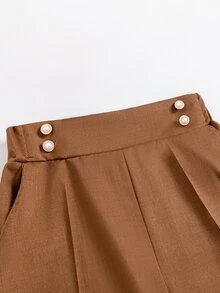 SHEIN Tween女孩雙扣直筒優雅通勤長褲 - 棕色 - 查看 5