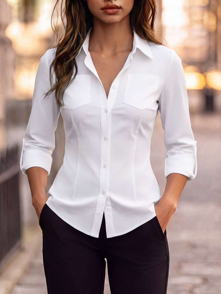 SHEIN Women's Solid Color Rolled Sleeve Shirt,Long Sleeve Tops Fall Cloth For Women - White - View 1
