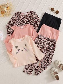 SHEIN Playful Pals 3 Sets Baby Girl Cute Y2K Cheetah Print Leopard Cat Graphic Ribbed Long Sleeve Soft Squishy 2 Pieces Sets Tops Pants Clothes Spring Fall Winter - Multicolor - View 4