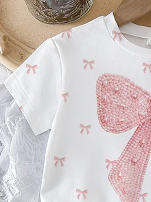 Summer Baby Girl Casual Multi-Piece Set, Brown & Apricot Leopard Print Cartoon Rabbit Pattern, Round Neck Short Sleeve T-Shirt & Shorts - Multicolor - View 5