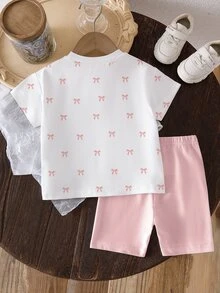 Summer Baby Girl Casual Multi-Piece Set, Brown & Apricot Leopard Print Cartoon Rabbit Pattern, Round Neck Short Sleeve T-Shirt & Shorts - Multicolor - View 2