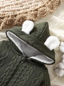 SHEIN 男婴可爱连帽和耳朵设计羊毛连体衣，秋冬装 - 軍綠色 - 查看 4