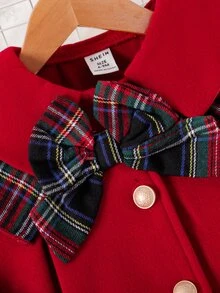 Baby Girl Coat, Vintage Elegant Cute Festive Style, Plaid Splice Bow, Big Collar, Pearl‑Like Buttons, Long‑Sleeve A‑Line Short Outerwear Red Autumn - Red - View 5