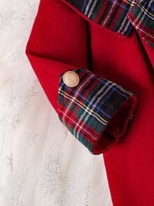 Baby Girl Coat, Vintage Elegant Cute Festive Style, Plaid Splice Bow, Big Collar, Pearl‑Like Buttons, Long‑Sleeve A‑Line Short Outerwear Red Autumn - Red - View 3