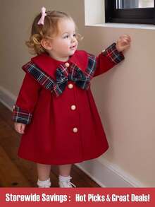 Baby Girl Coat, Vintage Elegant Cute Festive Style, Plaid Splice Bow, Big Collar, Pearl‑Like Buttons, Long‑Sleeve A‑Line Short Outerwear Red Autumn - Red - View 1