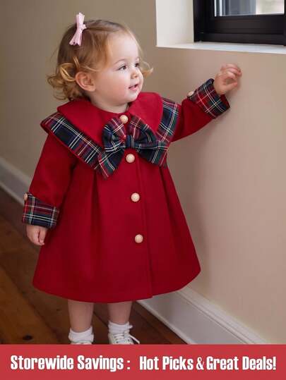 1Pc Baby Girl Coat, Vintage Festive Style, Plaid Splice Bow, Big Collar, Pearl‑Like Buttons, Long‑Sleeve A‑Line Short Outerwear, For Holiday & Outing