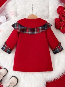 Baby Girl Coat, Vintage Elegant Cute Festive Style, Plaid Splice Bow, Big Collar, Pearl‑Like Buttons, Long‑Sleeve A‑Line Short Outerwear Red Autumn - Red - View 2
