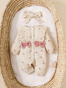 SHEIN Newborn Baby Girl Cute Bow Print Cotton Comfortable Princess Jumpsuit, Spring & Autumn Fall Winter - Apricot - View 4