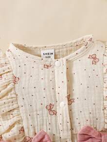 SHEIN Newborn Baby Girl Cute Bow Print Cotton Comfortable Princess Jumpsuit, Spring & Autumn Fall Winter - Apricot - View 5