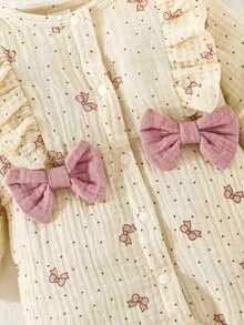 SHEIN Newborn Baby Girl Cute Bow Print Cotton Comfortable Princess Jumpsuit, Spring & Autumn Fall Winter - Apricot - View 8