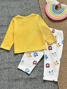 SHEIN Playful Pals 男嬰復古簡約可愛日系風淡黃色配米白色長袖上衣對比色長褲套裝 春/秋 親子穿搭 - 黃色 - 查看 3