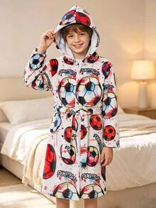 SHEIN Tween Boy Plush Knitted Kids Football Pattern Printed Thermal Lined Thick Loungewear Robe Autumn - Multicolor - View 7