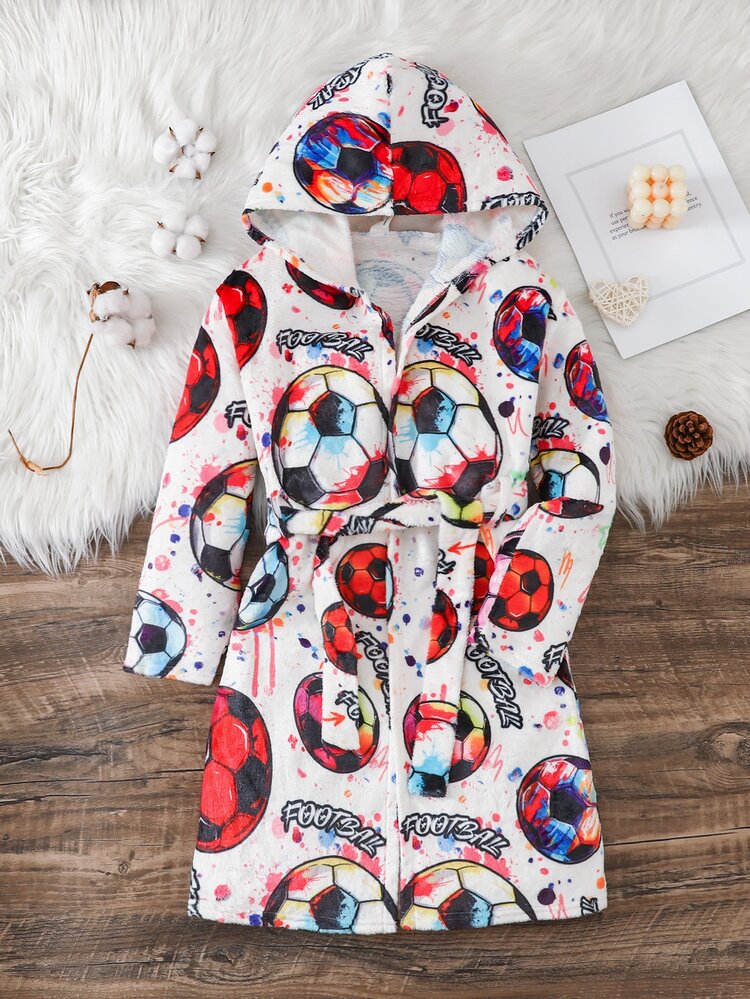 SHEIN Tween Boy Plush Knitted Kids Football Pattern Printed Thermal Lined Thick Loungewear Robe Autumn - Multicolor - View 3