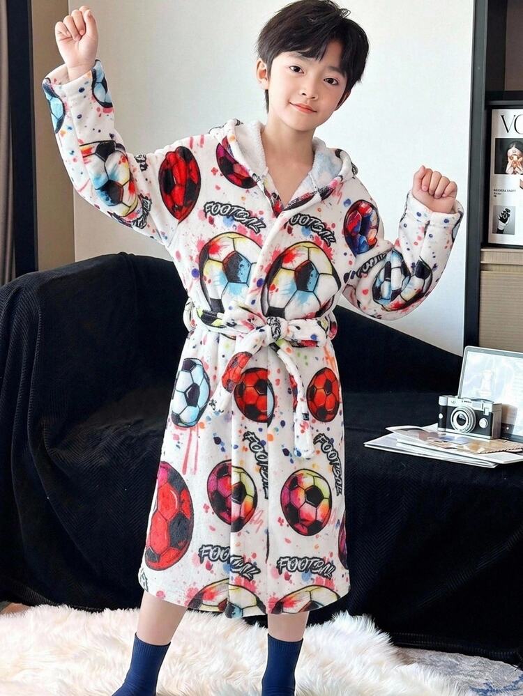 SHEIN Tween Boy Plush Knitted Kids Football Pattern Printed Thermal Lined Thick Loungewear Robe Autumn - Multicolor - View 1
