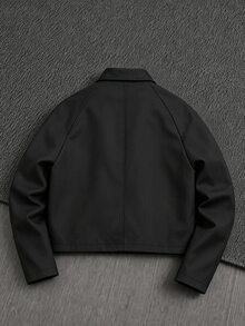 STEELVANCE Men's Cropped Turn-Down Collar Jacket With Aviator Buckle Detail, Snap Button Long Sleeve Casual Streetwear Outerwear - Black - View 2